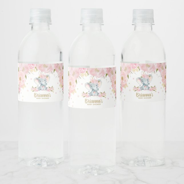 Blush Floral Elephant Baby Shower Water Bottle Label (Bottles)