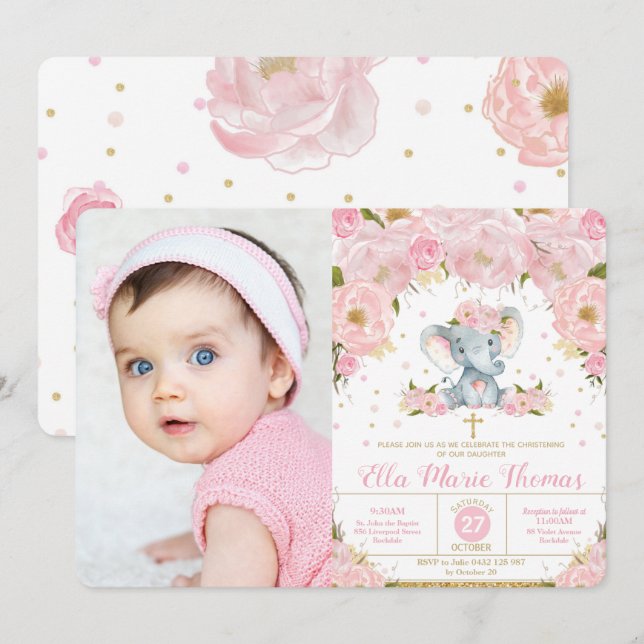 Blush Floral Elephant Baptism Girl Photo Invitation (Front/Back)