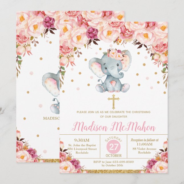 Blush Floral Elephant Christening Baptism Girl Invitation (Front/Back)