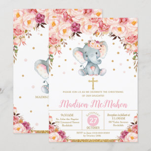 Blush Floral Elephant Christening Baptism Girl Invitation