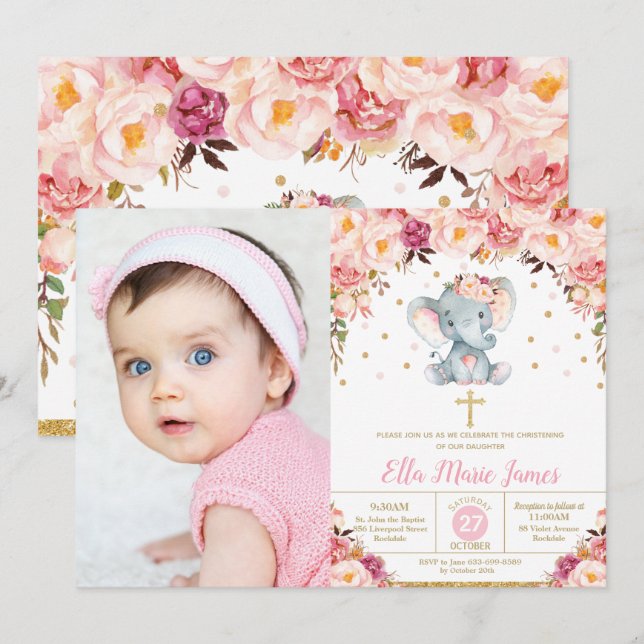 Blush Floral Elephant Christening Baptism Photo Invitation (Front/Back)