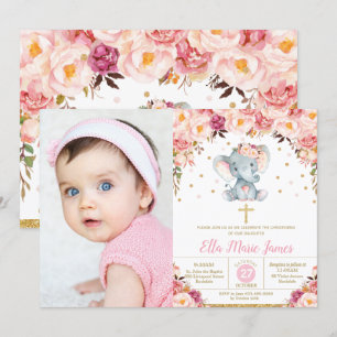 Blush Floral Elephant Christening Baptism Photo Invitation