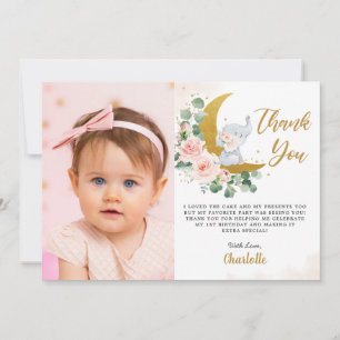 Blush Floral Elephant Crescent Moon Birthday Photo Thank You Card