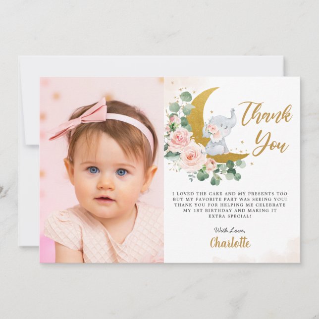 Blush Floral Elephant Crescent Moon Birthday Photo Thank You Card (Front)