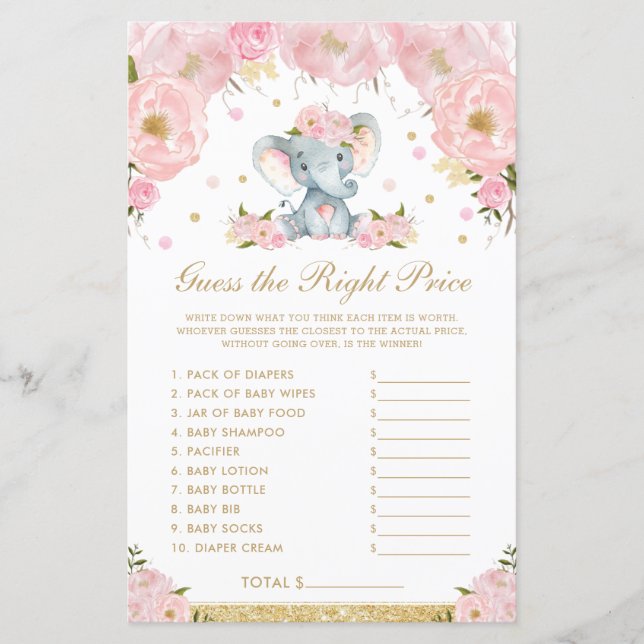 Blush Floral Elephant Guess the Right Price Game (Front)