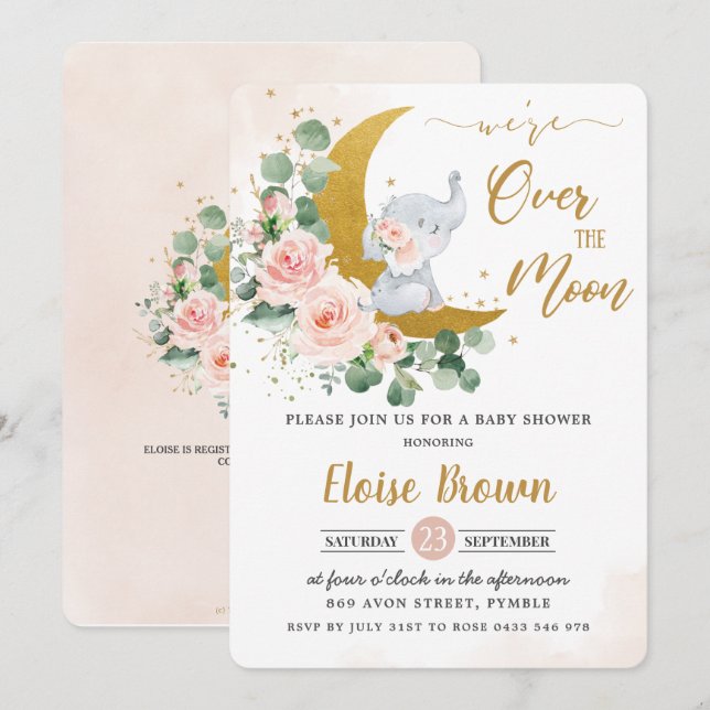 Blush Floral Elephant Over the Moon Baby Shower  Invitation (Front/Back)