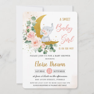 Blush Floral Elephant Sweet Baby Girl Shower   Invitation