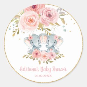 Blush Floral Elephant Twins Baby Girl Shower Favou Classic Round Sticker