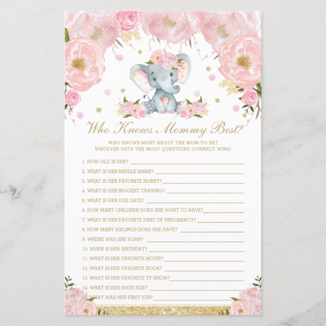 Blush Floral Elephant Who Knows Mummy Best Game (Front)