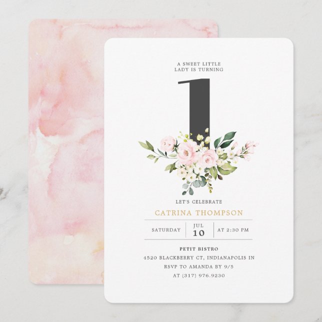 Blush Floral & Eucalyptus Girl 1st Birthday Party Invitation (Front/Back)