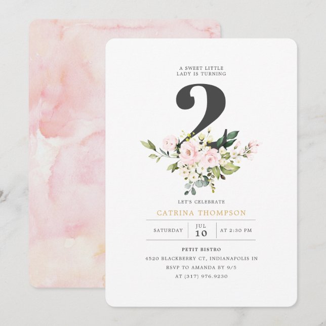 Blush Floral & Eucalyptus Girl 2nd Birthday Party Invitation (Front/Back)