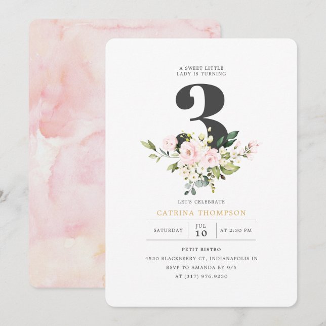 Blush Floral & Eucalyptus Girl 3rd Birthday Party Invitation (Front/Back)
