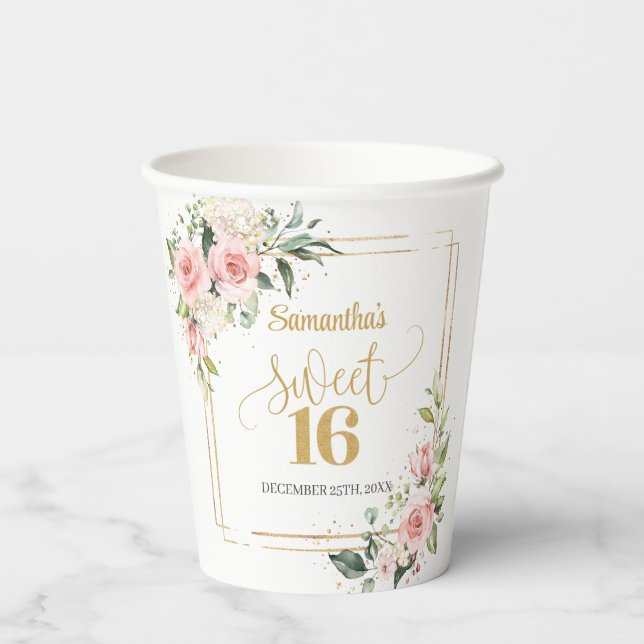 Blush floral eucalyptus gold sweet sixteen 16th  paper cups (Back)