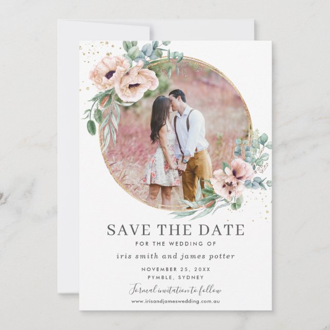Blush Floral Eucalyptus Photo Save the Date Card (Front)