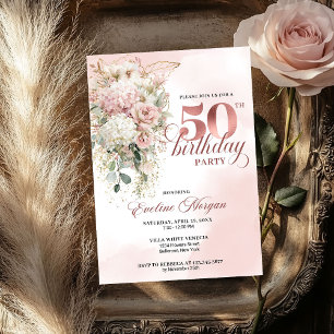 Blush Floral Eucalyptus Rose Gold 50th Birthday  Invitation