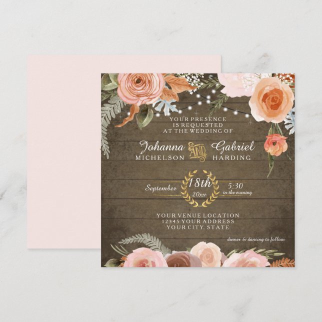Blush Floral Fall Rustic Wood Forest Green Leaf Invitation (Front/Back)