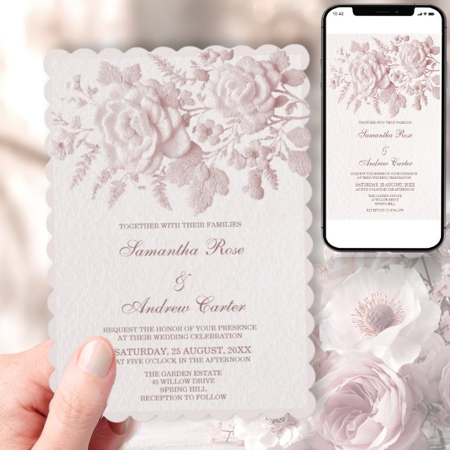 Blush Floral Faux Embossed Wedding Invitation (Creator Uploaded)