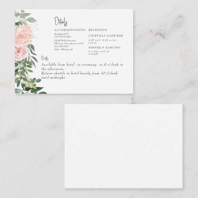 Blush Floral & Foliage Wedding Details  Enclosure Card (Front/Back)