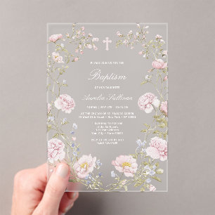 Blush Floral Frame Baptism Acrylic Invitation