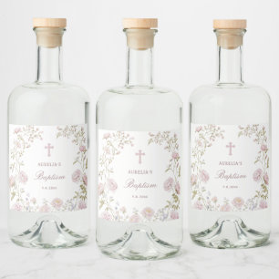 Blush Floral Frame Baptism Liquor Bottle Label
