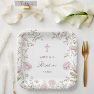 Blush Floral Frame Baptism Paper Plate