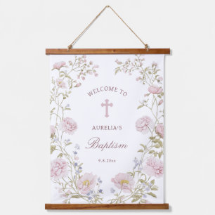 Blush Floral Frame Baptism Welcome Hanging Tapestry