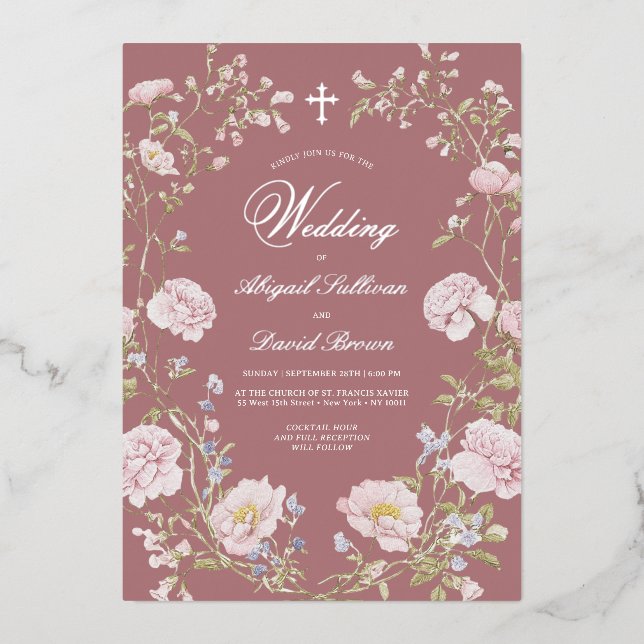 Blush Floral Frame on Dusty Rose Religious Wedding (Front)