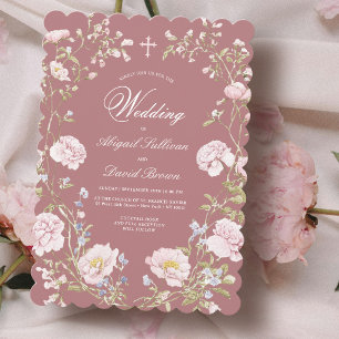 Blush Floral Frame on Dusty Rose Religious Wedding Invitation
