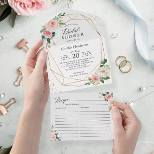 Blush Floral Geometric Bridal Shower with Recipe All In One Invitation