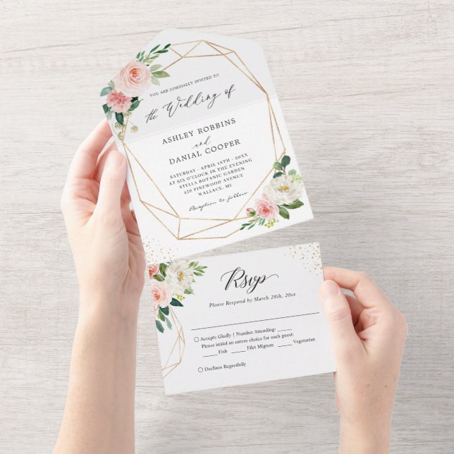 Blush Floral Geometric Wedding (No ENV needed) All In One Invitation (Tearaway)