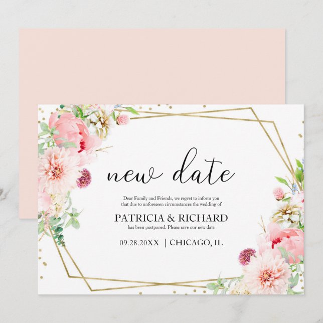 Blush Floral Geometric Wedding Postponement Invitation (Front/Back)