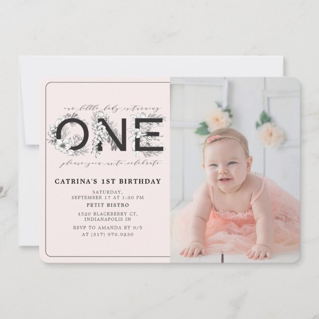 Blush Floral Girl 1st Birthday Photo Invitation (Front)
