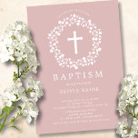 Blush Floral Girls Baptism Invitation<br><div class="desc">Beautiful baptism invitations featuring a delicate floral wreath and cross set on a blush pink background.  Flip our invitation over to view a coordinating back for an extra special touch.  Visit our shop to view our entire religious collection.</div>