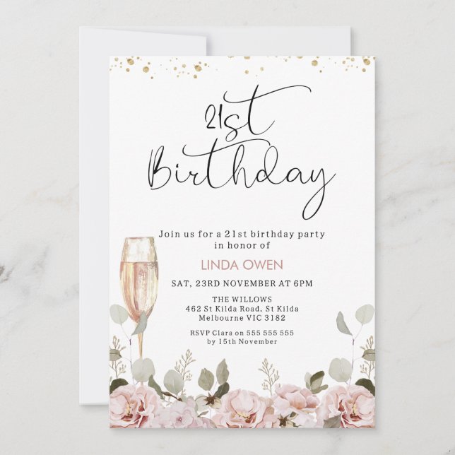 Blush Floral Glass 21st Birthday Invitation (Front)
