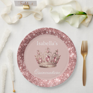 Blush Floral Glitter Tiara Crown Quinceañera Paper Plate