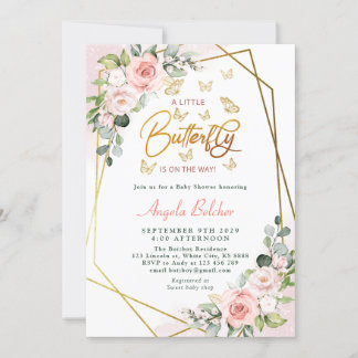 Blush Floral Gold A Little Butterfly Baby Shower Invitation