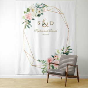 Blush Floral Gold Ampersand Monogram Photo Booth Tapestry