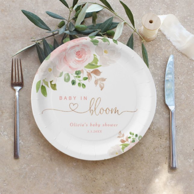 Blush floral gold baby in bloom baby shower paper plate (Creator Uploaded)