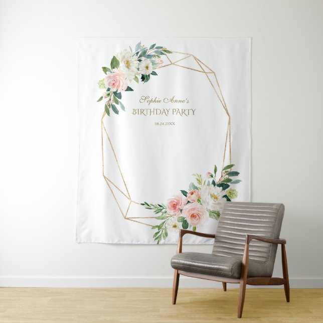 Blush Floral Gold Birthday Party Photo Booth Prop Tapestry (In Situ)