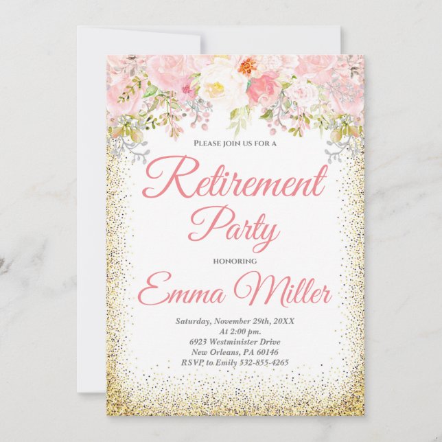 Blush Floral & Gold Bohemian Retirement Invitation (Front)