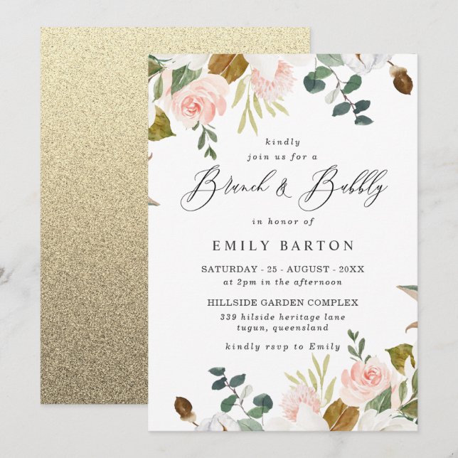 Blush Floral & Gold Bridal Shower Brunch & Bubbly Invitation (Front/Back)