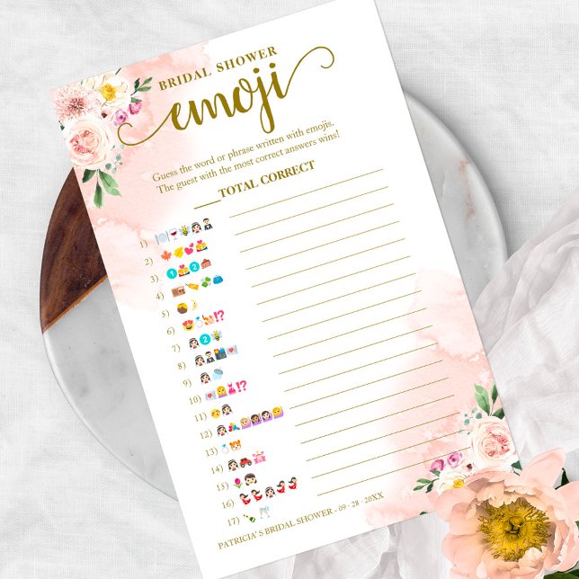 Blush Floral Gold Bridal Shower Emoji Pictionary Flyer (Creator Uploaded)