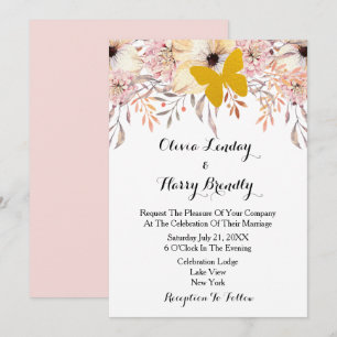 Blush Floral Gold Butterfly Wedding Invitation