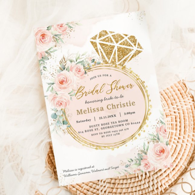 Blush Floral Gold Engagement Ring Bridal Shower Invitation (Creator Uploaded)