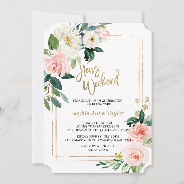Blush Floral Gold Frame Bachelorette Weekend Party Invitation (Front)