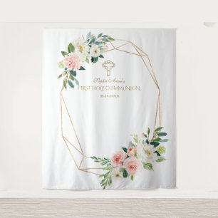 Blush Floral Gold Frame Holy Communion Backdrop Tapestry