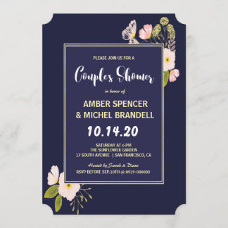 Blush Floral Gold Frame Navy Blue Couple's Shower Invitation
