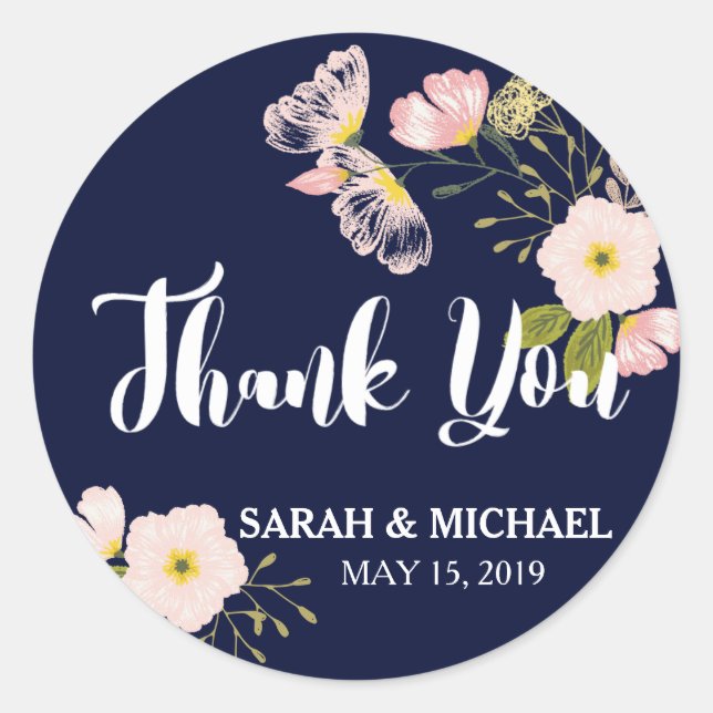 Blush Floral Gold Frame Navy Blue Custom Wedding Classic Round Sticker (Front)