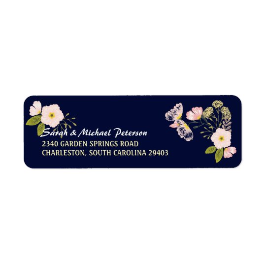 Blush Floral Gold Frame Navy Blue Custom Wedding Return Address Label