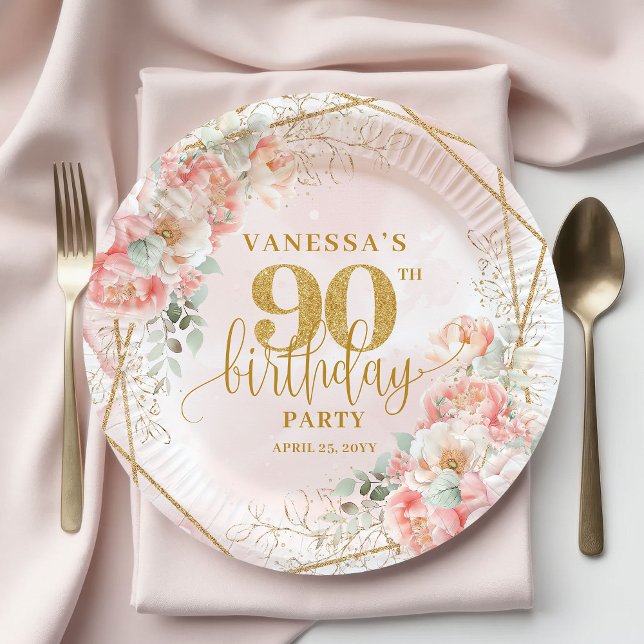 Blush Floral Gold Frame Personalized 90th Birthday Paper Plate (Blush Floral Gold Frame Personalized 90th Birthday Plate)